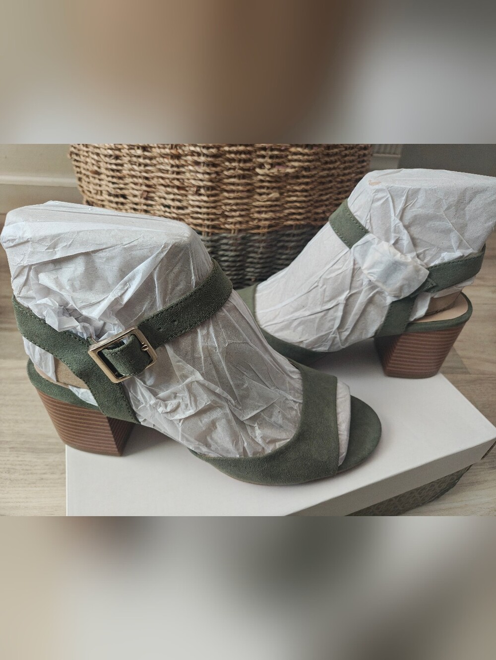 Olive Green Suede Open-Toe Block Heel Sandals with Ankle Strap